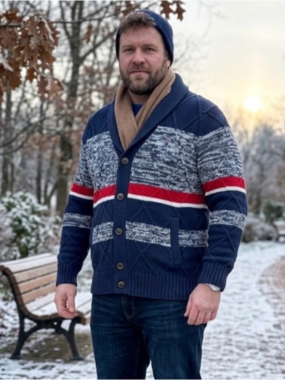 Tommy Hilfiger Mens L Shawl Collar Cable Knit Cardigan Sweater Navy Blue Red